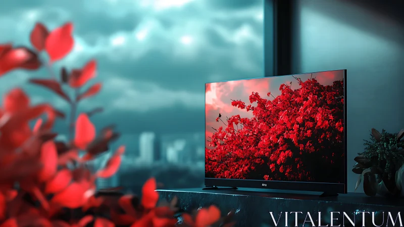 Flat-screen television displaying red foliage indoors.