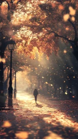 Golden autumn stroll through glowing, leaf-lit park path.