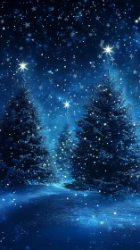 Starlit winter forest under deep blue night snowfall.