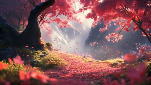 Petal bright forest path opens toward a dreamy valley glow
