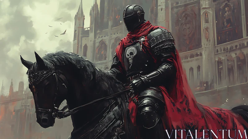 Midnight skull-knight rides beneath the ashfall cathedral.