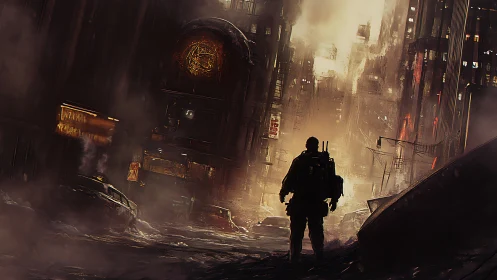 Lone armored survivor surveys burning post-apocalyptic city street