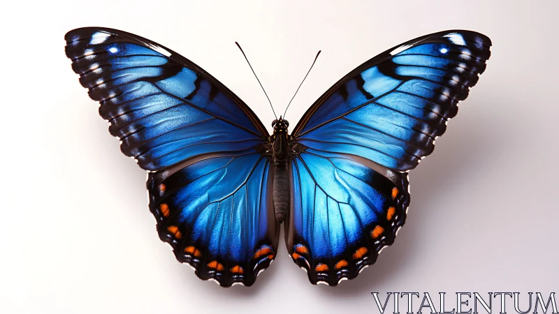 Iridescent blue butterfly quietly unfolds a mirrored sky