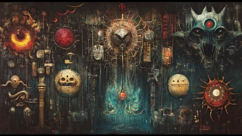 Clockwork occult mural of glowing orbs and eerie faces.
