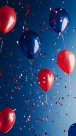 Red and blue balloons suspended against blue gradient background.