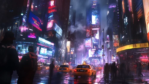 Rainy neon city street with taxis and crowded sidewalks.
