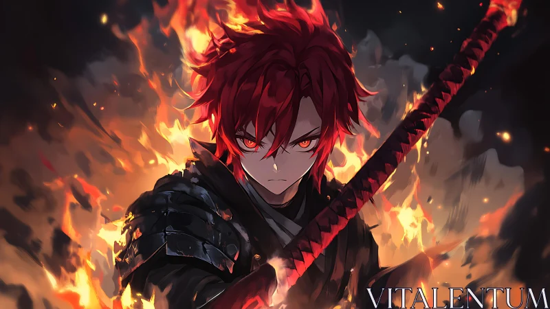 Red haired anime swordsman in black armor amid rising flames.