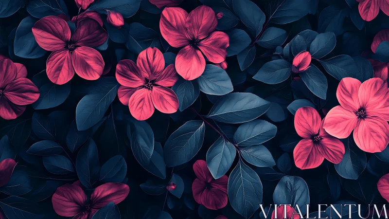 Vibrant Pink Flowers Dance Among Deep Blue Foliage.