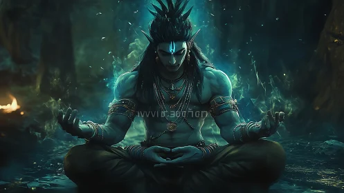 Mythic blue-skinned deity meditating in bioluminescent cavern