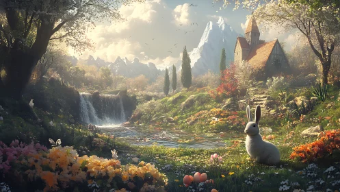 White rabbit in bright spring valley with chapel and falls.