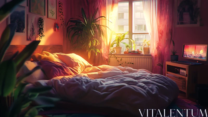 Sunlit cozy bedroom glows with plants and soft bedding.