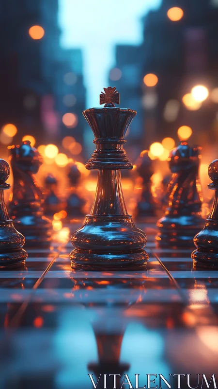 Glow-lit chess king standing tall in a dreamy city board.
