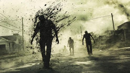 Zombies dissolve into smoke on deserted urban street.