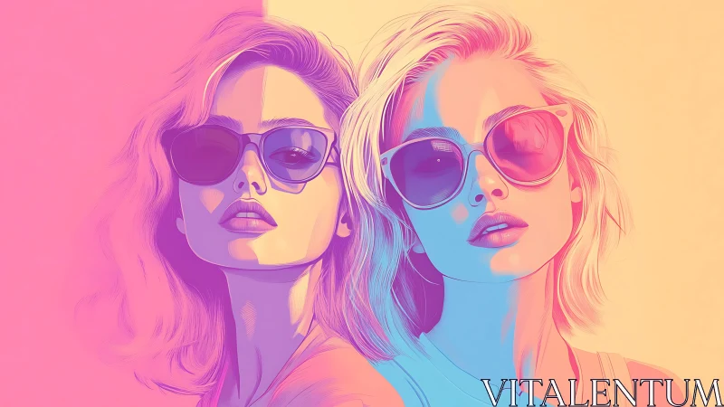 Dual chromatic portrait of stylized women in vector gradients.