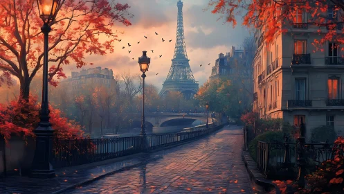Autumn Parisian riverside with Eiffel Tower at dusk glow.