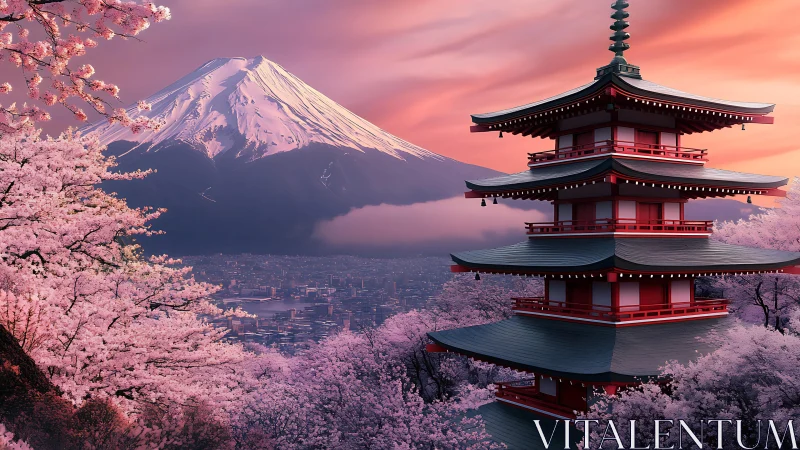 Cherry blossoms and pagoda before Mount Fuji at sunset.