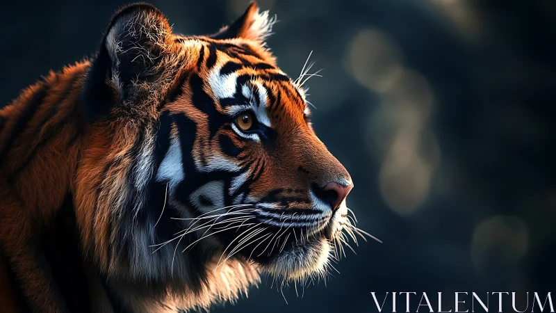 Tiger profile in dramatic rim light and deep bokeh background.
