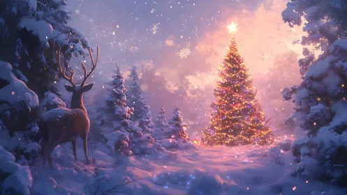 Snow-covered forest scene shows deer near lit Christmas tree