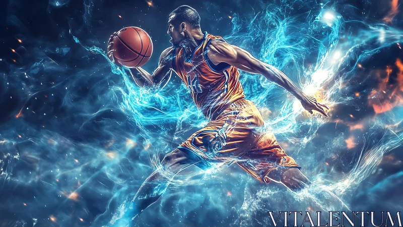 Dynamic basketball player in glowing blue energy motion