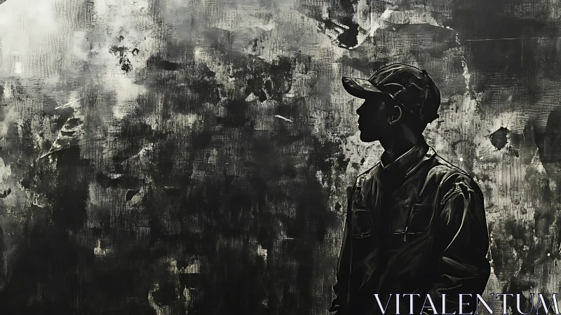 Solitary soldier silhouette against rough abstract wall.