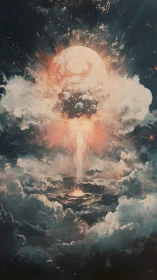 Celestial eruption within storm clouds, radiant cosmic blast.