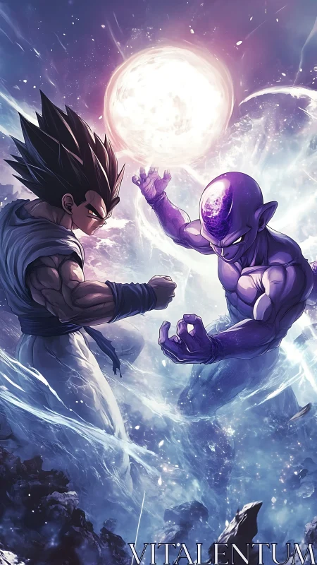 Dynamic anime duel under luminous cosmic energy sphere.