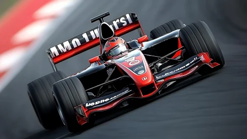 Red black formula car slices apex under dynamic motion.