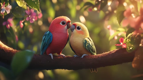 Two Colorful Cartoon Lovebirds on a Branch in a Lush Garden.