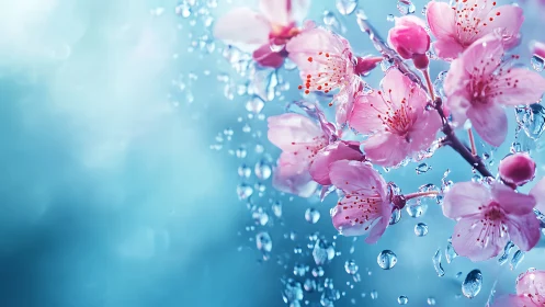 Pink Cherry Blossoms Cascading with Water Droplets.