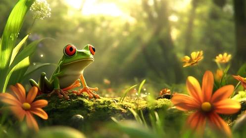 Red-eyed tree frog on mossy log in glowing forest meadow.