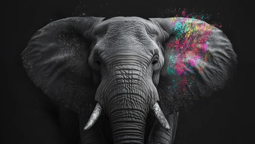 Monochrome elephant portrait with asymmetrical color explosion.