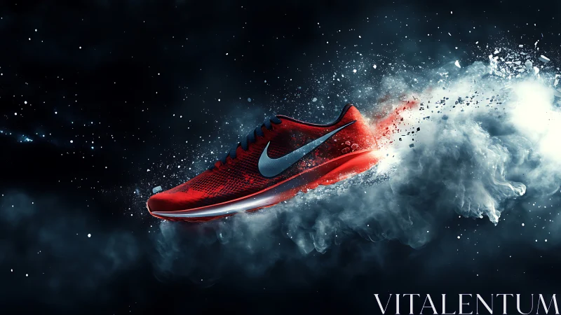 Red running shoe bursts through cosmic smoke and motion