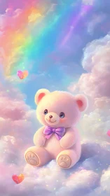 Pastel teddy bear on dreamy rainbow cloudscape.
