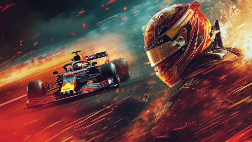 Racing driver portrait mirrors blazing Formula car charge