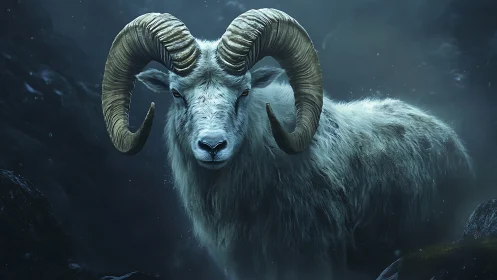 Curved horn mountain ram in cinematic low key misty lighting