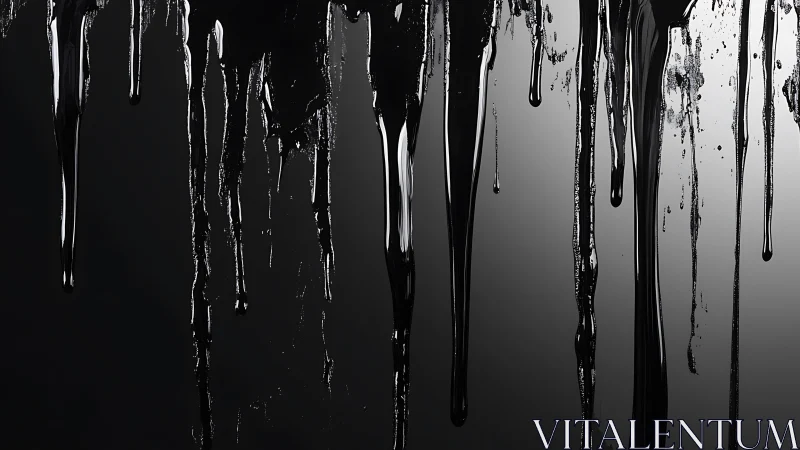 Glossy black liquid drips on smooth monochrome backdrop.
