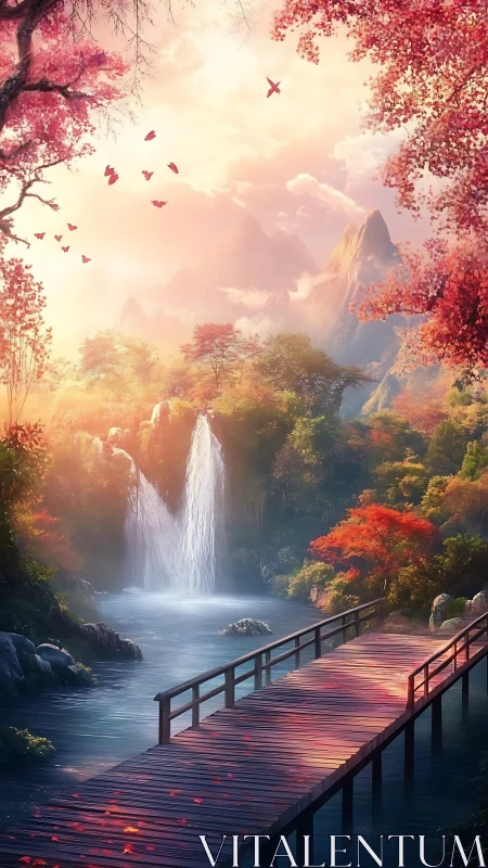 Wooden bridge over river with waterfall in forest valley.