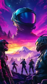 Futuristic soldiers under cosmic commander in neon dusk sky.