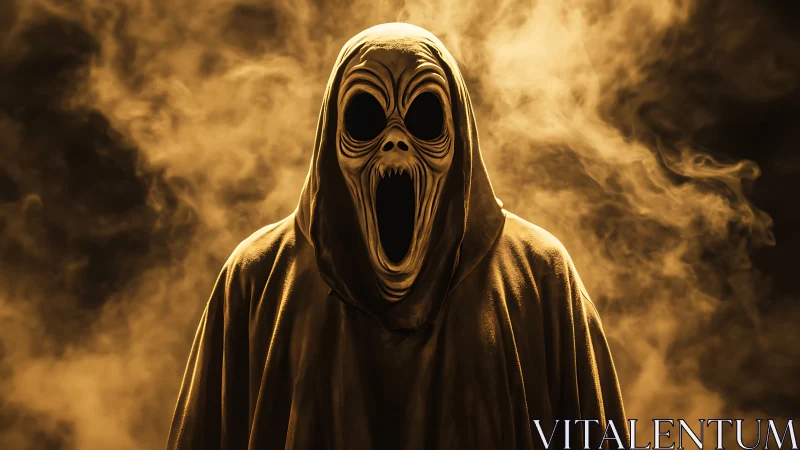 Hooded skeletal wraith emerges through swirling golden smoke.