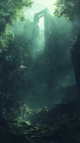 Abandoned Stone Ruins Covered in Verdant Ivy and Fog.