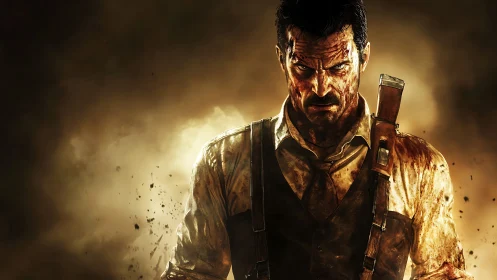 Battle-worn gunman emerges from smoky backlight with gritty detail