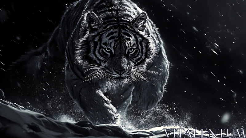 Snowy night tiger charging forward in dramatic motion.