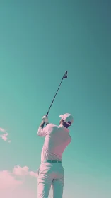Golfer follows through swing under teal gradient sky.