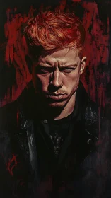Brooding red-haired man in chiaroscuro digital portrait study.