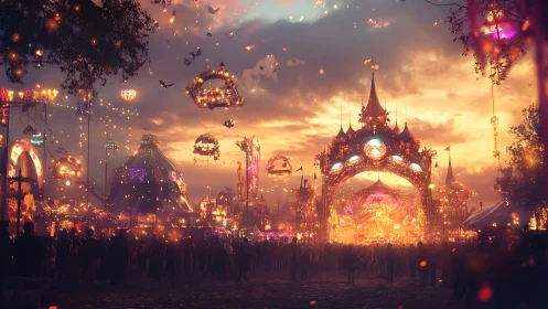 Twilight carnival skyline drenches nightfall in shimmering wonder.