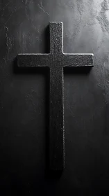 Matte black textured cross on dark stone textured background
