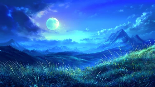 Luminous moonlight floods a tranquil blue mountain valley.