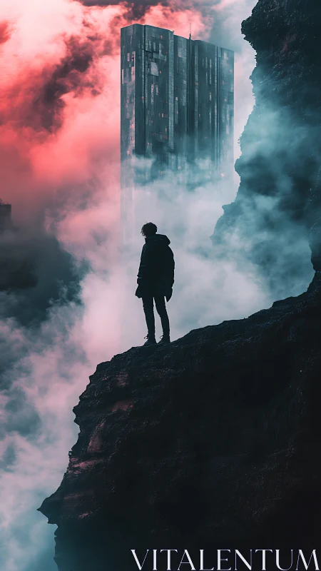 Lone figure over misty canyon facing monolithic tower.