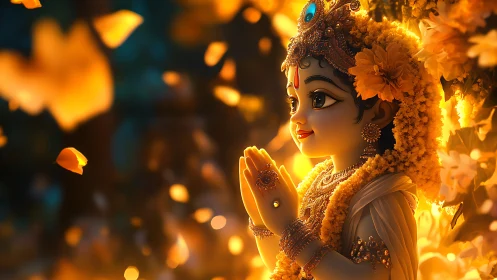 Child deity statue in detailed garlands stands in warm light