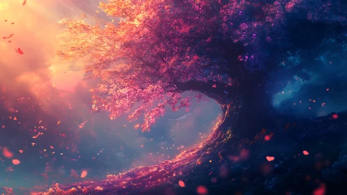 Radiant bioluminescent tree curves into glowing atmospheric void